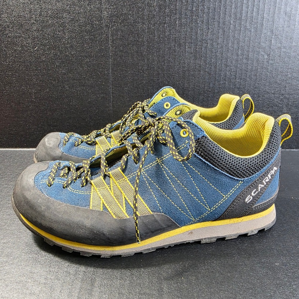 Scarpa Crux Mens 9.5 Blue Yellow Suede Vibram Approach Hiking Shoes READ